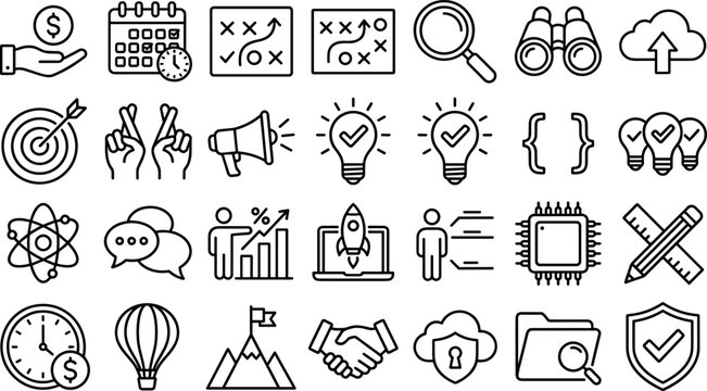 Business startup project launch and corporate strategy thin line icons set featuring rocket target calendar handshake brainstorming lightbulb and tech development elements.