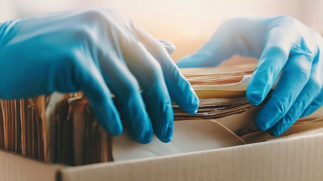 Blue Gloves Handling Document Folders in Office Archive