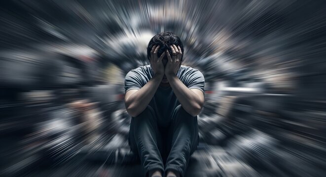 Profound despair engulfs a man holding his head, the surrounding world a frantic blur, reflecting intense stress and emotional breakdown