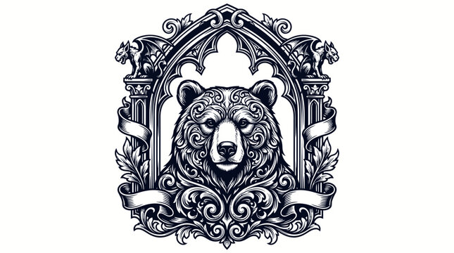 Ornate Bear Head in Gothic Frame with Gargoyles, Intricate Engraving on Isolated White Background.