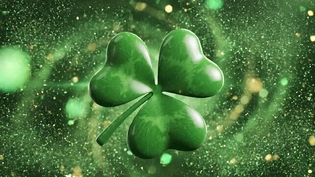 Lucky Shamrock Clover with Sparkling Green Particles and Bokeh Lights.