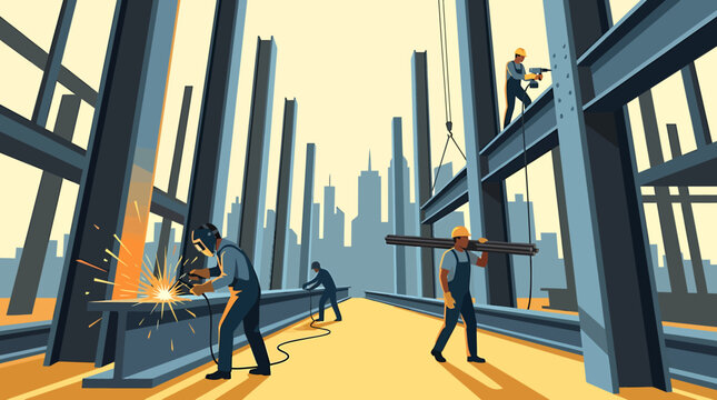 Construction Site Workers Building Cityscape iron worker vector