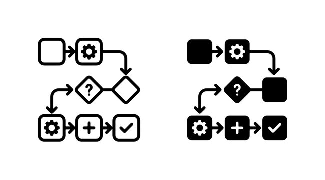 Process Flowchart Icons Set, Workflow Diagram Elements, Business Logic Steps, Decision Tree Symbols, Vector Graphics