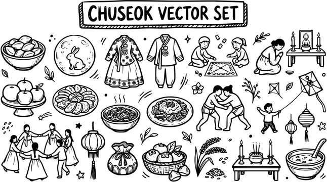 Black  White Line Art Korean Chuseok Festival Vector Set. Hand-Drawn Traditional Harvest Holiday Celebration Elements, Food, Games, and Culture Doodle Icons.