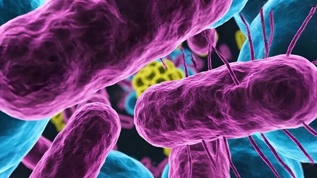 Microscopic view of colorful bacteria and viruses in a petri dish.