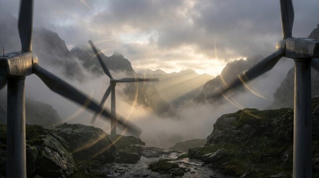 Epic wind farm in foggy mountain valley at sunrise