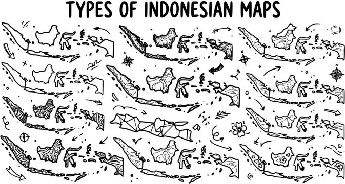Black and White Hand-drawn Line Art Indonesian Maps: Diverse Doodle Styles of Archipelago Islands. Educational Geography and Travel Vector Illustration.