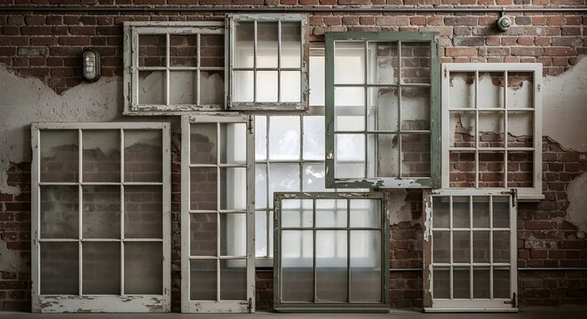 Assorted antique wooden window frames with weathered glass panes arranged artistically against a rustic red brick wall, showcasing urban decay and historical charm