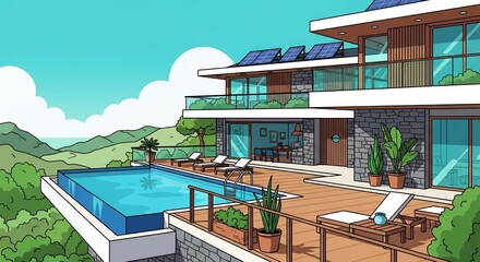 Fototapeta premium Modern Luxury Villa Illustration with Infinity Pool Solar Panels and Scenic Mountain View