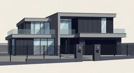 Fototapeta premium Modern Minimalist Luxury House Exterior Illustration with Flat Roof Glass Balconies and Black Fence Contemporary Architecture Design
