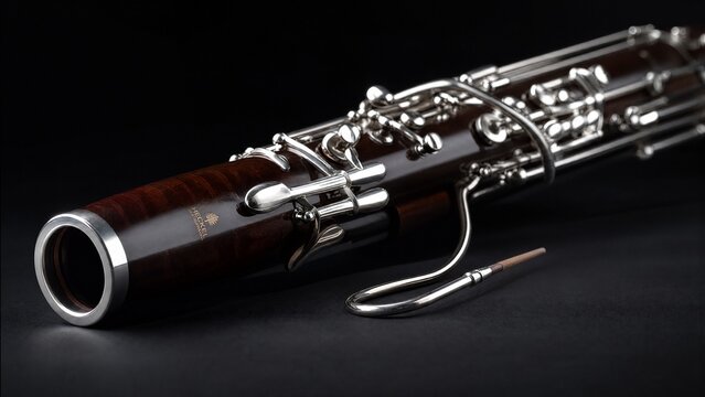 bassoon. A dark wood bassoon with silver keys, showcasing its elegant curves in a close-up view. tutorial guides, club newsletters, designed for sports & leisure club marketing.
