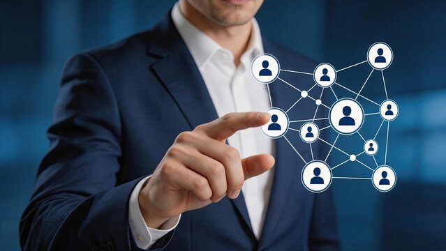 Man touching virtual network connection icons, social media networking concept, community building, team collaboration, global communication, human resources management and