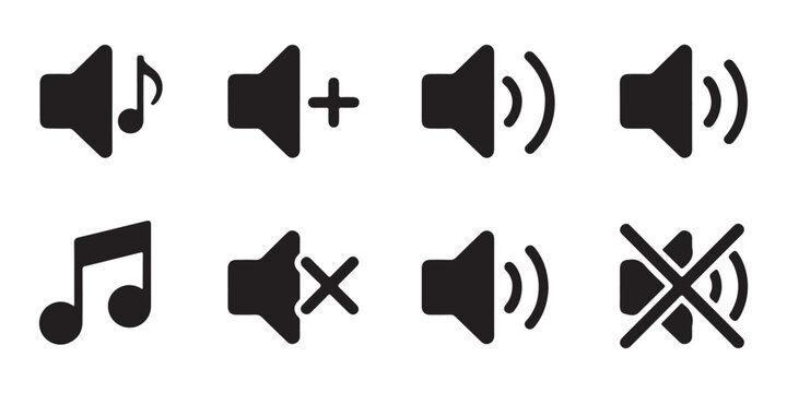 Various sound control icons with musical notes and volume symbols for media applications and web interfaces.