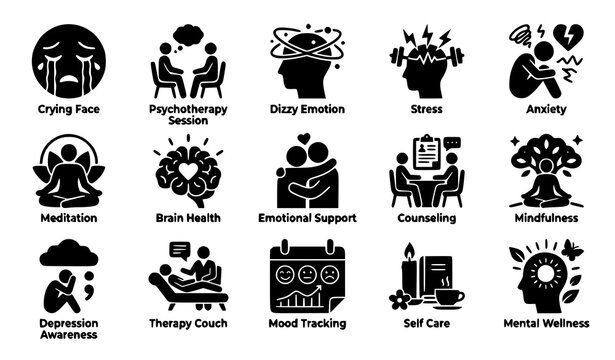 Mental health and psychology solid silhouette icon set featuring psychotherapy session stress brain health emotional support counseling and mood tracking vectors.