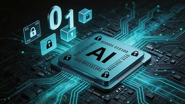 Advanced AI microprocessor chip with binary code and cybersecurity lock icons, illustrating data protection, encryption, and secure digital network infrastructure for computer