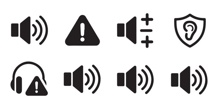 Audio control and ear protection icons set including volume levels and warning signs for noise safety awareness.