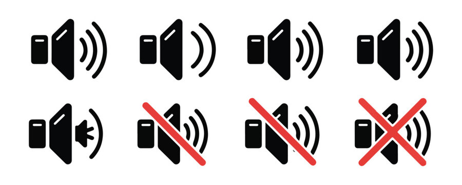Modern audio speaker icons set showing volume increase levels and various mute options with red cross marks.
