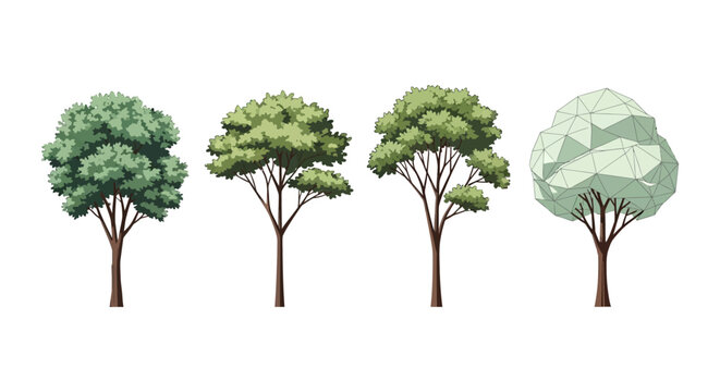 collection of four stylized trees diverse green foliage and geometric patterns on white background