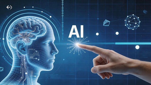 Artificial intelligence concept showing human brain connected to digital circuits, machine learning, neural network, cyborg head profile, finger touching light point, big data