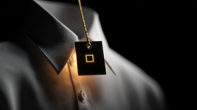 A square pendant with a golden square inside hangs on a chain against a stark, unbuttoned white collared shirt. The minimalist design is illuminated by a warm light.