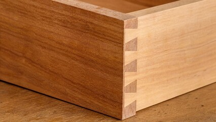 dovetail. Perfectly fitted dovetail wood joint on a workbench, showcasing wood grain. safety posters, maintenance manuals, designed for precision metalworking and fabrication facilities. © jiu
