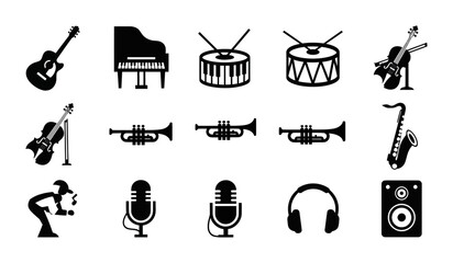Music icons, sound equipment symbols, audio instruments set, black vector graphics © Shahadat