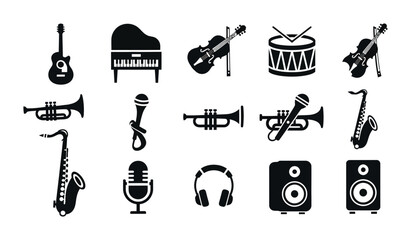 Music icons, black and white, 16 instrument symbols, vector graphics © Shahadat