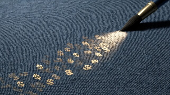 A paintbrush is creating a trail of dollar signs on a dark blue textured surface, illuminated by a spotlight