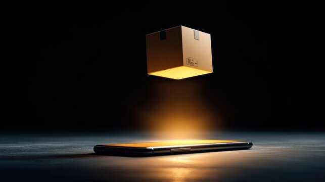 A cardboard box floating above a smartphone, illuminated by a glowing golden light emanating from the device. The scene is set against a dark, moody background.