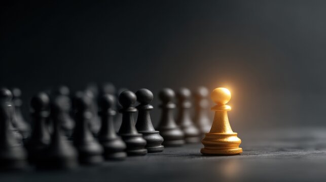 A golden pawn leading a line of black pawns on a dark surface, representing leadership and strategy