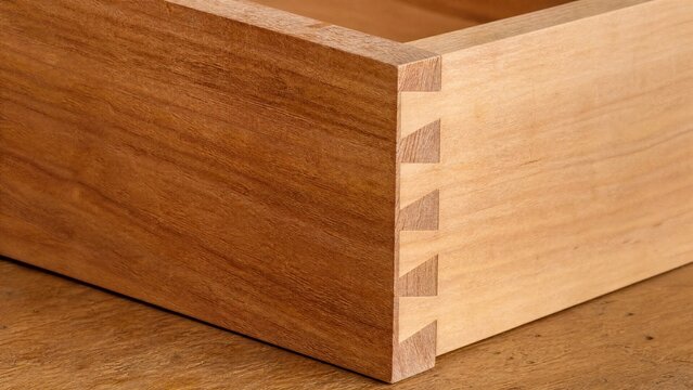 dovetail. Perfectly fitted dovetail wood joint on a workbench, showcasing wood grain. safety posters, maintenance manuals, designed for precision metalworking and fabrication facilities.