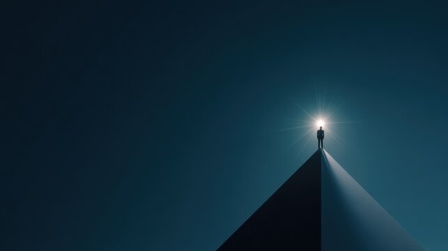 A lone person standing on the pinnacle of a pyramid-like structure, illuminated by a brilliant light source above, symbolizing aspiration and achievement