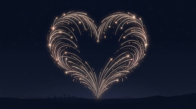 Heart shaped fireworks display, romantic night sky, sparkling love symbol, festive celebration