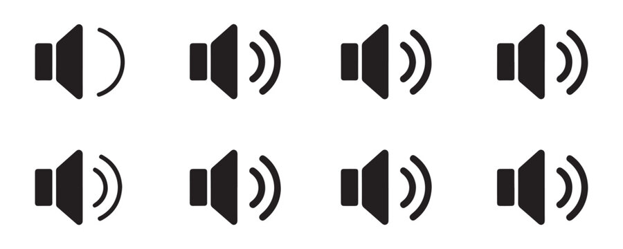 Speaker volume level icons set, sound waves for audio adjustment, vector illustration collection.