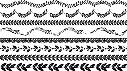 Black Laurel Leaves Border Vector Collection – Seamless Floral Dividers, Wave Branch Silhouette Edges, and Elegant Greek Foliage Trims for Graphic Design © Rina