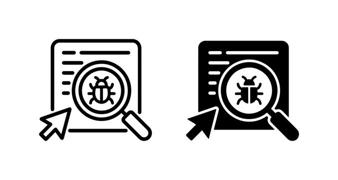 Bug Search Icons, Magnifying Glass with Insect, Computer Code Analysis, Digital Security, Vector Graphics