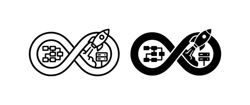DevOps Infinity Loop Icons: Continuous Integration, Deployment, Rocket Launch, Servers, Data Flow, Workflow Automation, Software Development Lifecycle