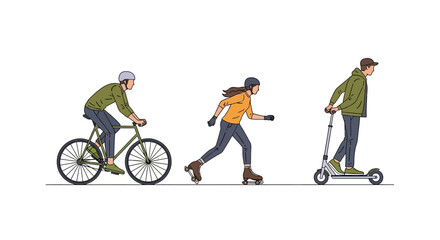 Obraz premium people cycling rollerblading and riding scooter outdoors