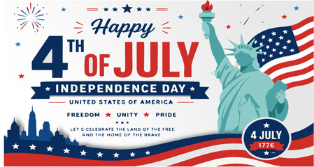 Modern 4th of July Independence Day banner with Statue of Liberty, American flag, and patriotic typography. Perfect for holiday greetings and social media campaigns. © Mustain