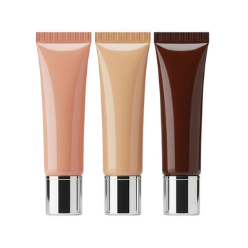 Three cosmetic tubes with different shades of liquid foundation makeup isolated on transparent background beauty product.