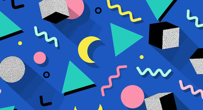 retro memphis style geometric shapes pattern on blue background abstract 80s design