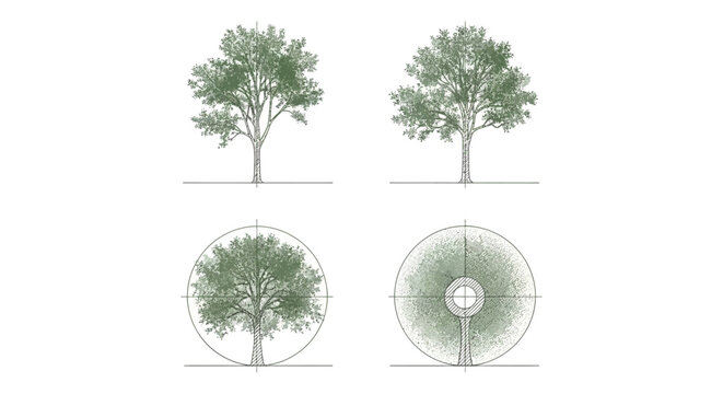 tree diagram and landscape architecture illustrations depicting various tree types and forms for architectural planning and garden design.