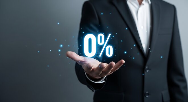 Man in dark suit holding glowing white 0 percent symbol with blue particles zero percent percentage number