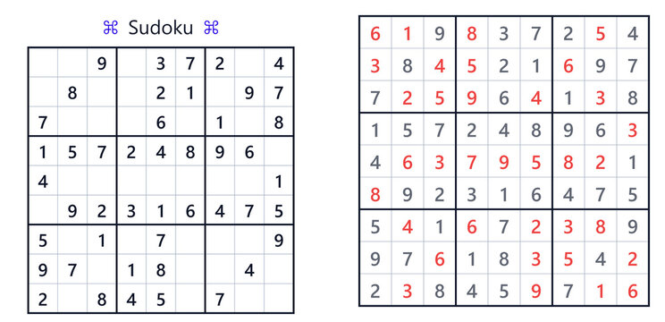 Sudoku puzzles with filled and empty squares on white background  