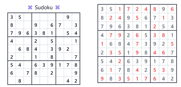 Sudoku puzzle grid with numbers and highlighted solutions in red  