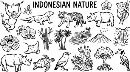 Indonesian Nature Icons Set: Hand-Drawn Black and White Line Art of Wildlife Animals, Tropical Flora, and Landscapes for Travel  Education © bububu