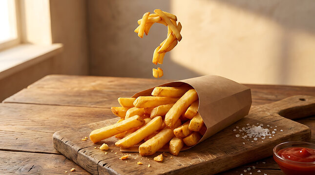 Crispy french fries in a paper container with a levitating question mark symbol