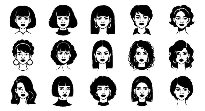 diverse womens hairstyles portraits a modern graphic collection of unique female faces illustrating beauty and individuality.