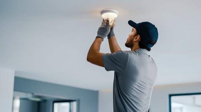 Electrician replacing ceiling light bulb indoors