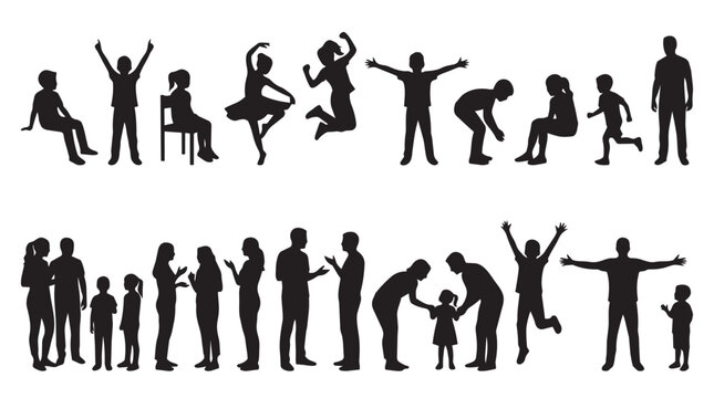 Human silhouette collection featuring children, families and playful activities, black people vector illustrations for lifestyle, parenting, education and social design projects